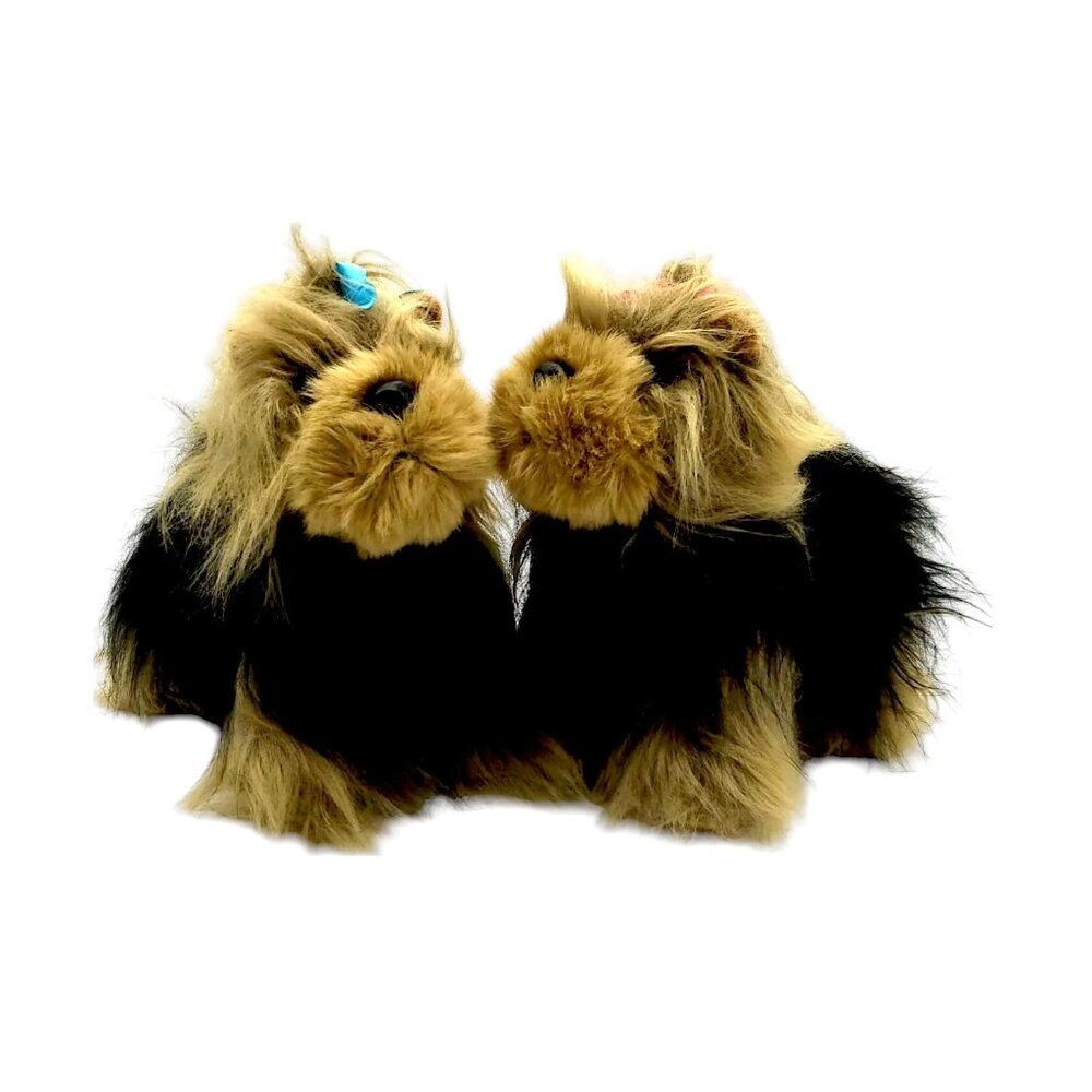 Unbranded Brown‎ and Tan Pair Of Fluffy Yorkie Plush Dogs With Bows in Fur